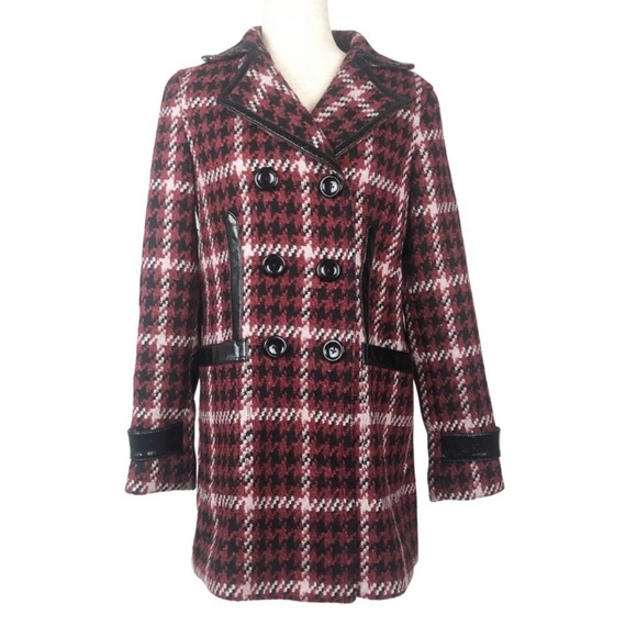New with tag Express Women’s Red Black Houndstooth Tweed Wool Winter Peacoat - Picture 1 of 16